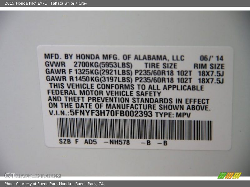 Taffeta White / Gray 2015 Honda Pilot EX-L