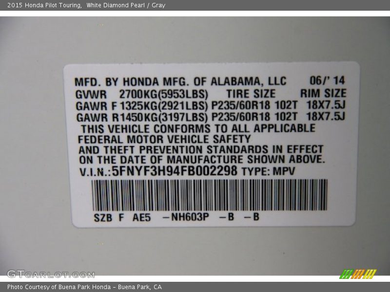 White Diamond Pearl / Gray 2015 Honda Pilot Touring
