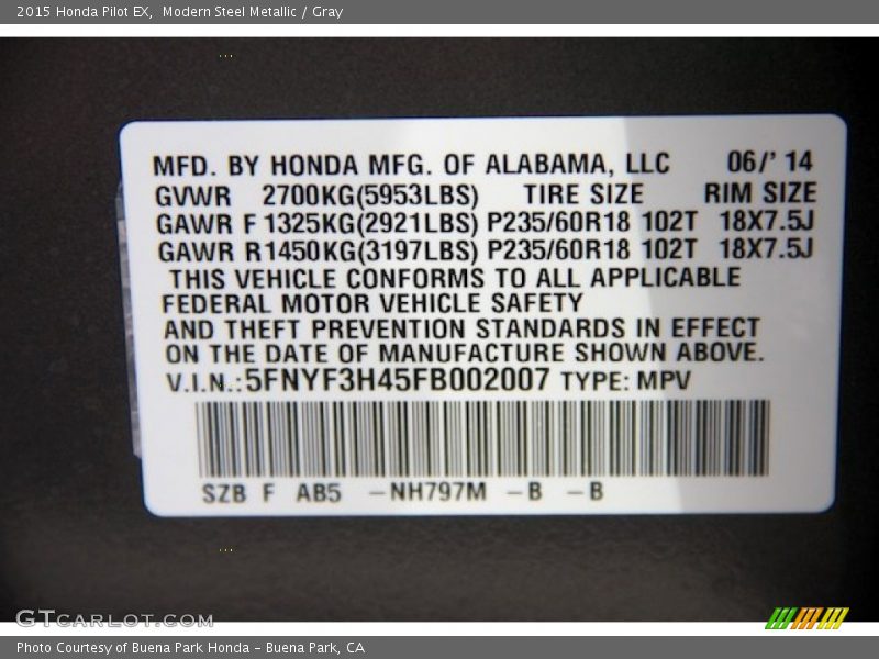Modern Steel Metallic / Gray 2015 Honda Pilot EX