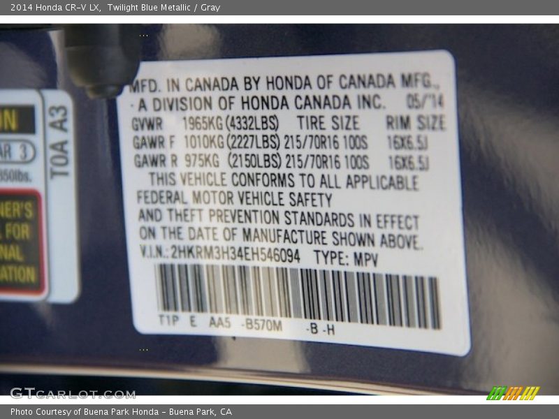 Twilight Blue Metallic / Gray 2014 Honda CR-V LX