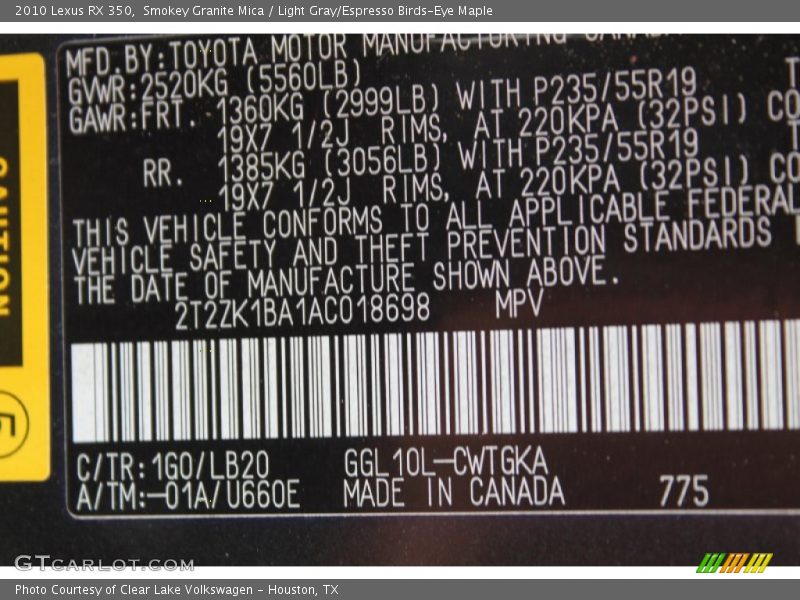 Smokey Granite Mica / Light Gray/Espresso Birds-Eye Maple 2010 Lexus RX 350