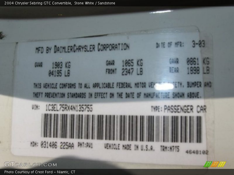 Stone White / Sandstone 2004 Chrysler Sebring GTC Convertible