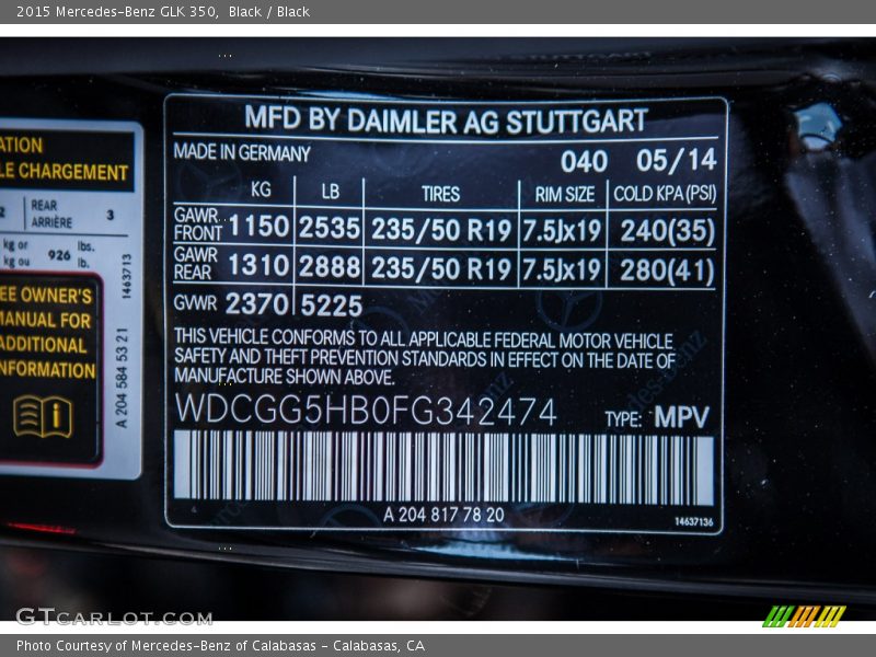 2015 GLK 350 Black Color Code 040