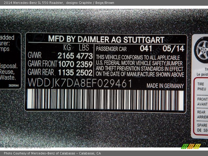 2014 SL 550 Roadster designo Graphite Color Code 041