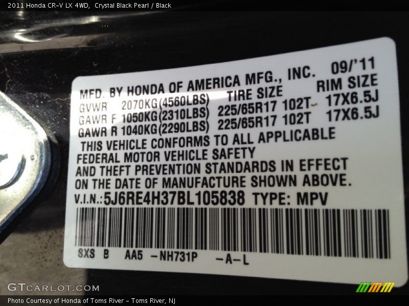 Crystal Black Pearl / Black 2011 Honda CR-V LX 4WD