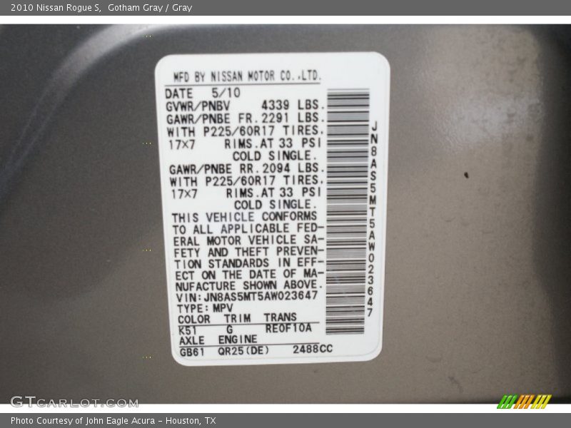 Gotham Gray / Gray 2010 Nissan Rogue S