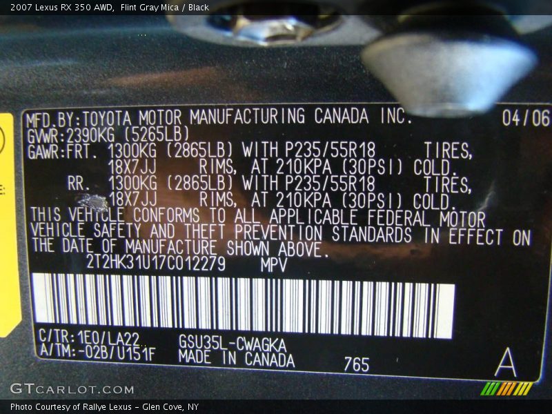 Flint Gray Mica / Black 2007 Lexus RX 350 AWD
