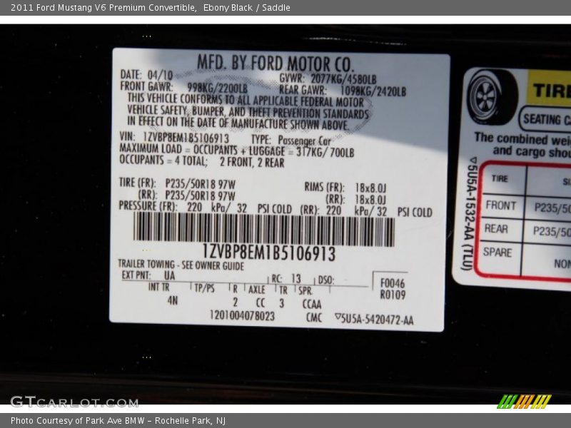 Ebony Black / Saddle 2011 Ford Mustang V6 Premium Convertible