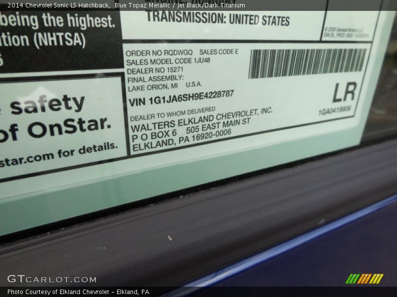 Blue Topaz Metallic / Jet Black/Dark Titanium 2014 Chevrolet Sonic LS Hatchback