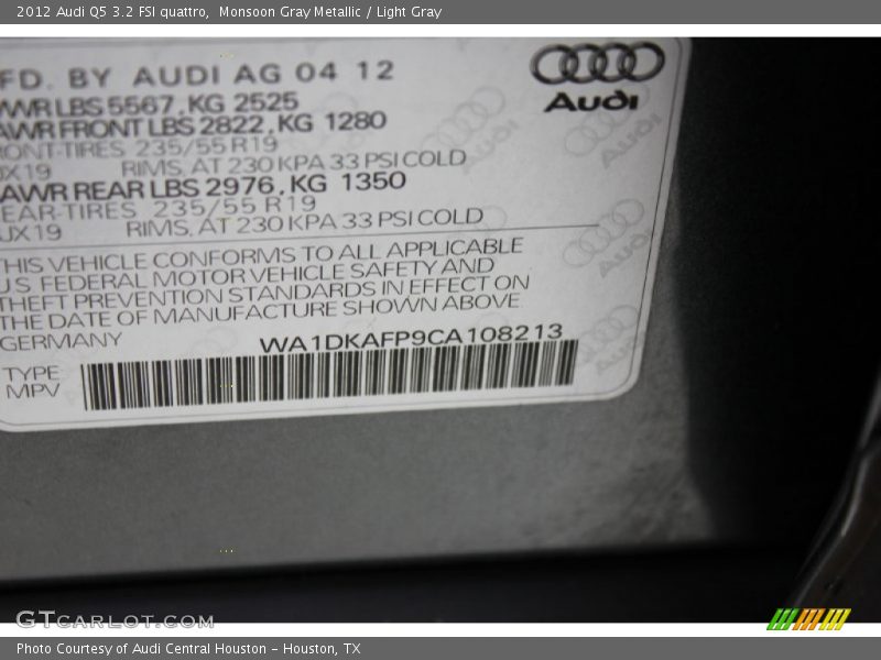 Monsoon Gray Metallic / Light Gray 2012 Audi Q5 3.2 FSI quattro