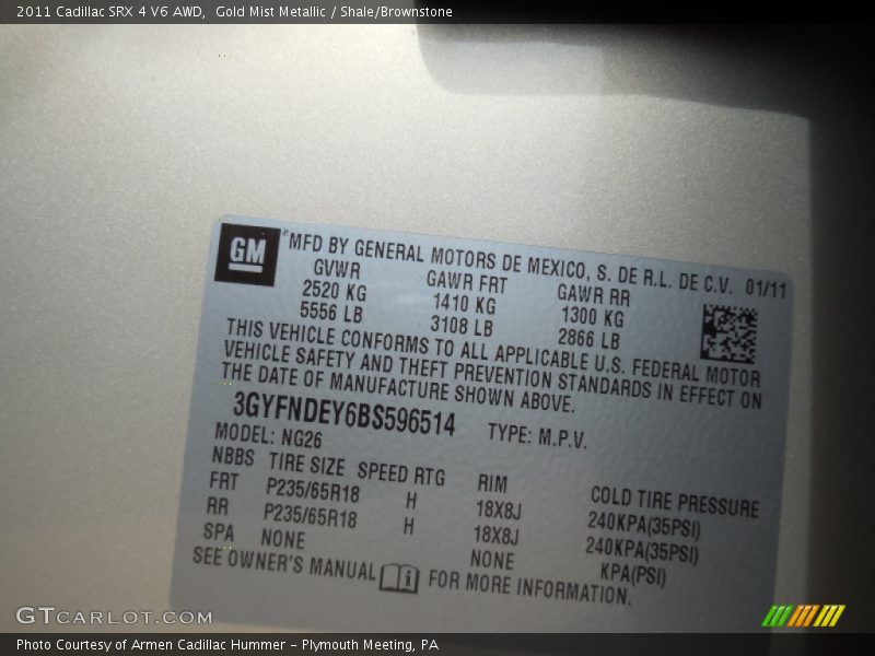 Gold Mist Metallic / Shale/Brownstone 2011 Cadillac SRX 4 V6 AWD