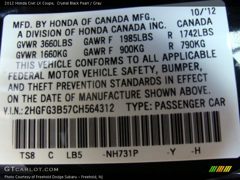 Crystal Black Pearl / Gray 2012 Honda Civic LX Coupe