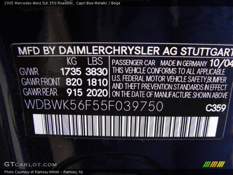Capri Blue Metallic / Beige 2005 Mercedes-Benz SLK 350 Roadster