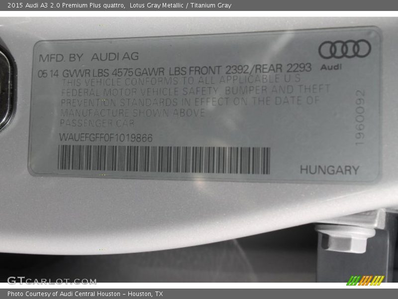 Lotus Gray Metallic / Titanium Gray 2015 Audi A3 2.0 Premium Plus quattro