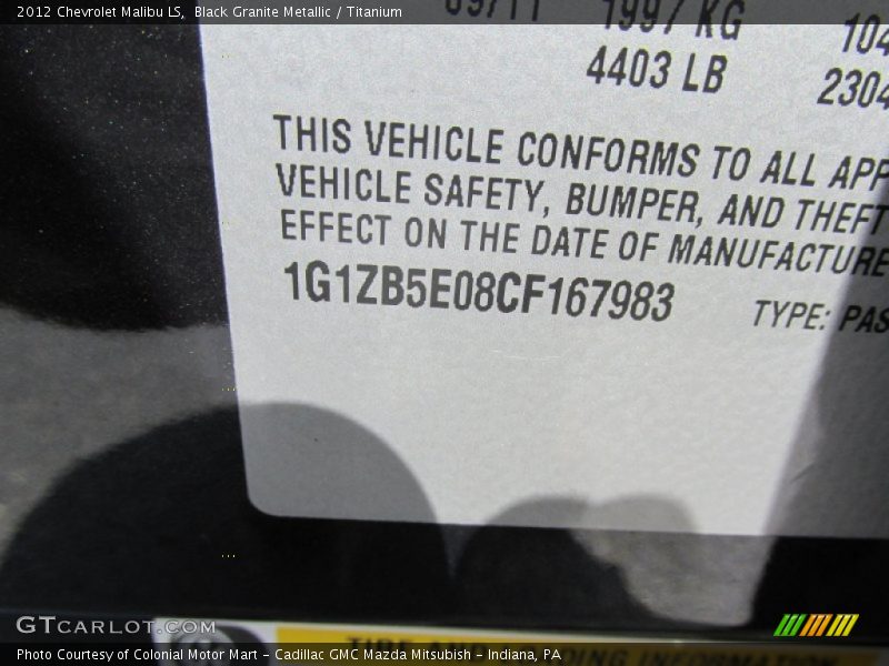 Black Granite Metallic / Titanium 2012 Chevrolet Malibu LS