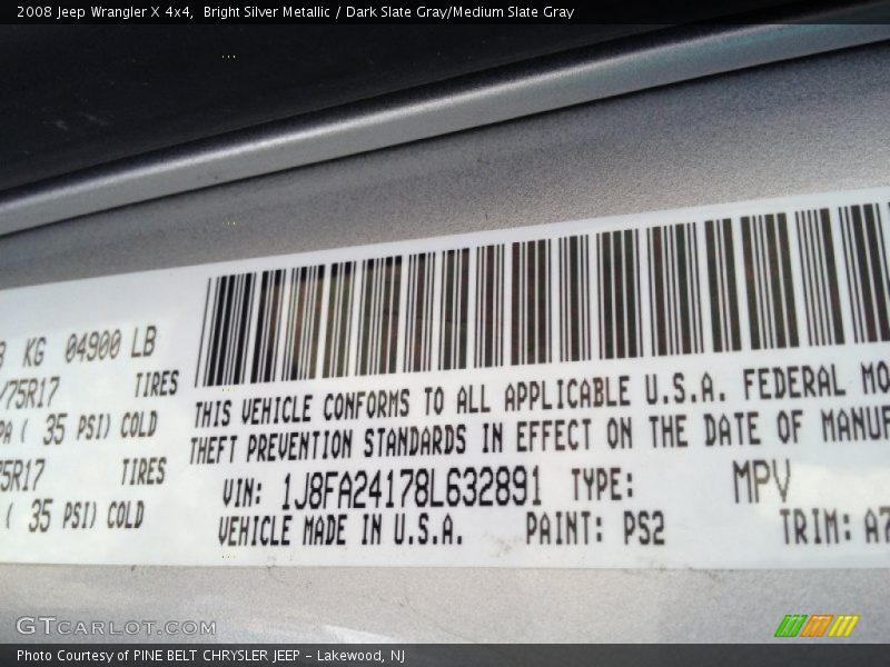 Bright Silver Metallic / Dark Slate Gray/Medium Slate Gray 2008 Jeep Wrangler X 4x4