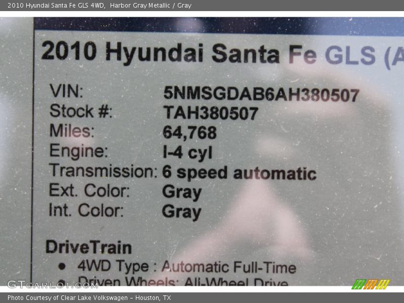 Harbor Gray Metallic / Gray 2010 Hyundai Santa Fe GLS 4WD