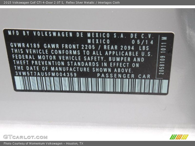 Reflex Silver Metallic / Interlagos Cloth 2015 Volkswagen Golf GTI 4-Door 2.0T S