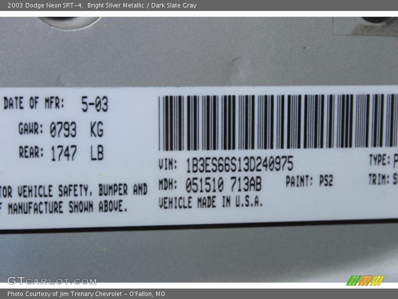 Bright Silver Metallic / Dark Slate Gray 2003 Dodge Neon SRT-4