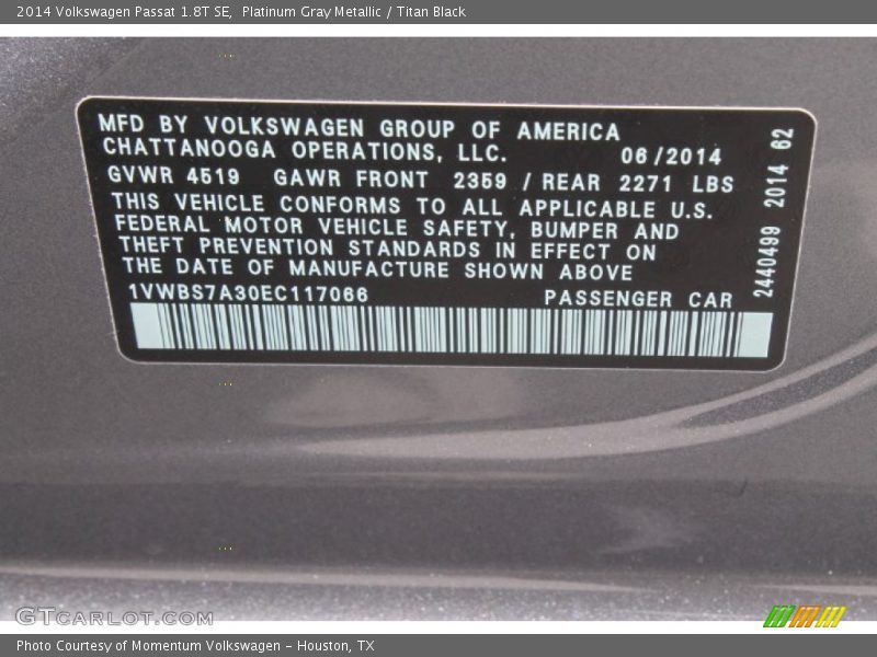 Platinum Gray Metallic / Titan Black 2014 Volkswagen Passat 1.8T SE