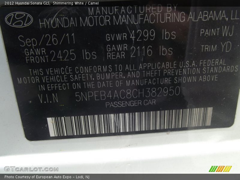 Shimmering White / Camel 2012 Hyundai Sonata GLS