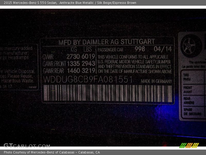 Anthracite Blue Metallic / Silk Beige/Espresso Brown 2015 Mercedes-Benz S 550 Sedan