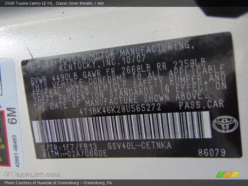 Classic Silver Metallic / Ash 2008 Toyota Camry LE V6