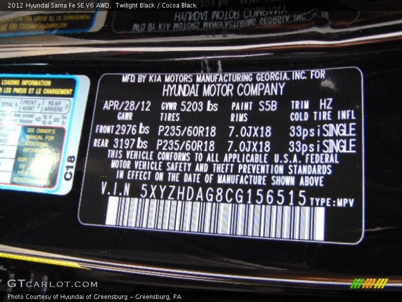 Twilight Black / Cocoa Black 2012 Hyundai Santa Fe SE V6 AWD