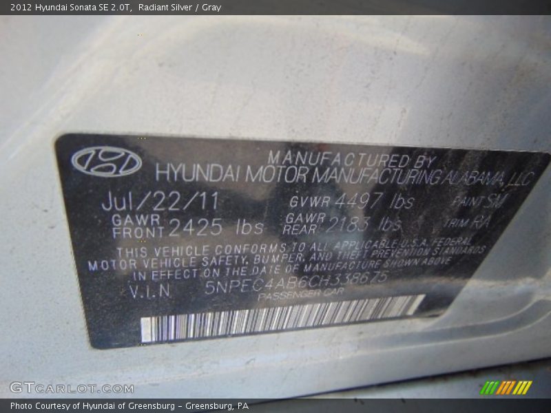 Radiant Silver / Gray 2012 Hyundai Sonata SE 2.0T
