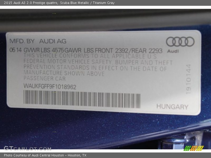 Scuba Blue Metallic / Titanium Gray 2015 Audi A3 2.0 Prestige quattro