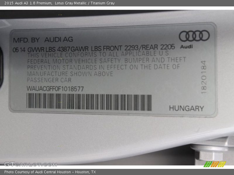 Lotus Gray Metallic / Titanium Gray 2015 Audi A3 1.8 Premium