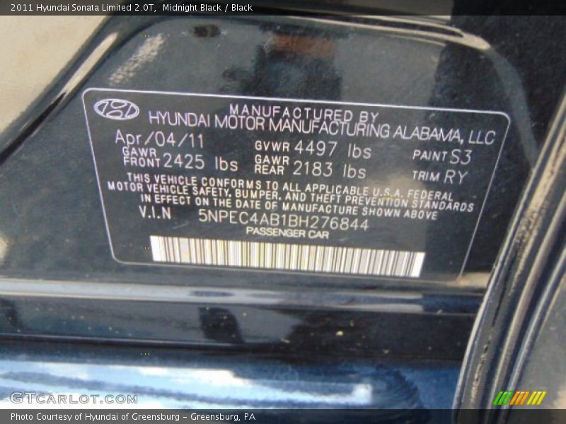 Midnight Black / Black 2011 Hyundai Sonata Limited 2.0T
