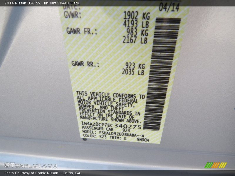 Brilliant Silver / Black 2014 Nissan LEAF SV