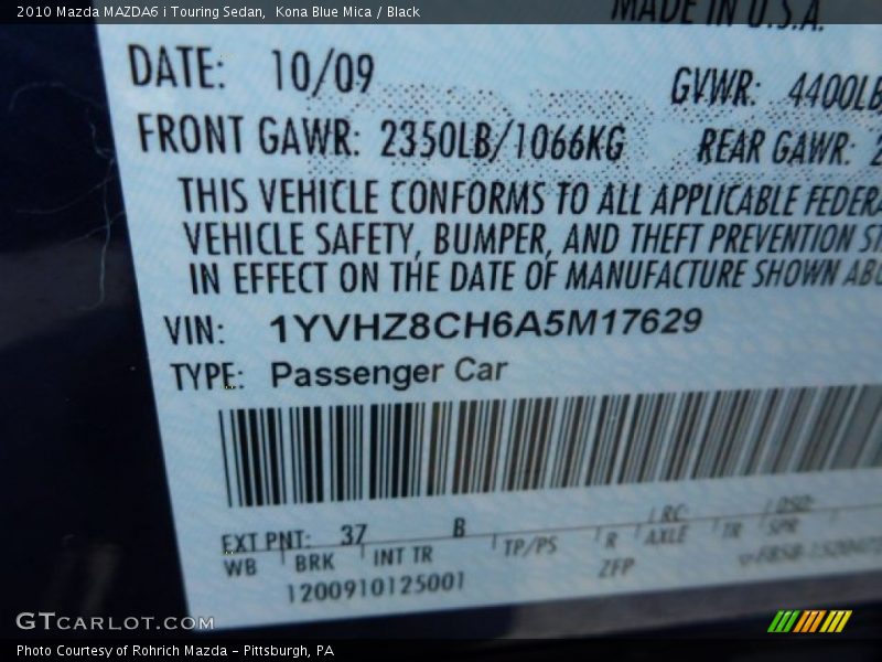 Kona Blue Mica / Black 2010 Mazda MAZDA6 i Touring Sedan