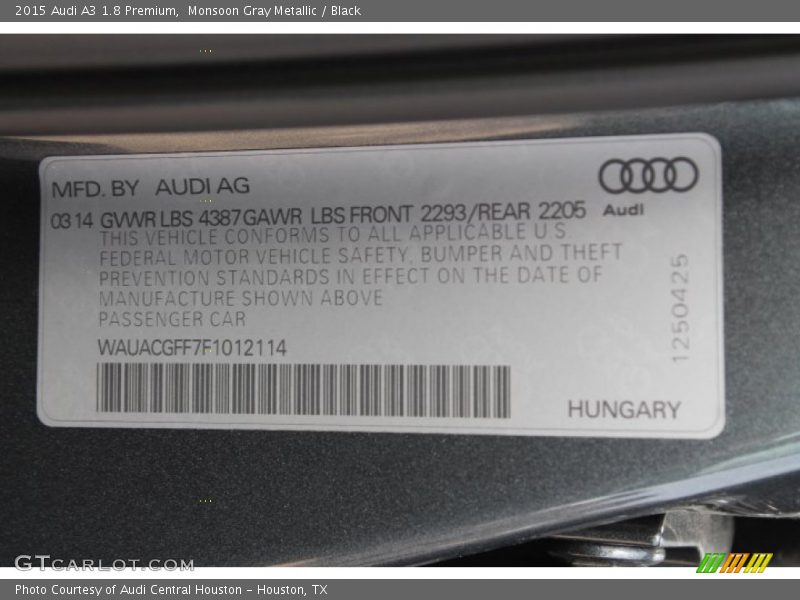 Monsoon Gray Metallic / Black 2015 Audi A3 1.8 Premium