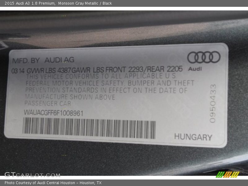 Monsoon Gray Metallic / Black 2015 Audi A3 1.8 Premium