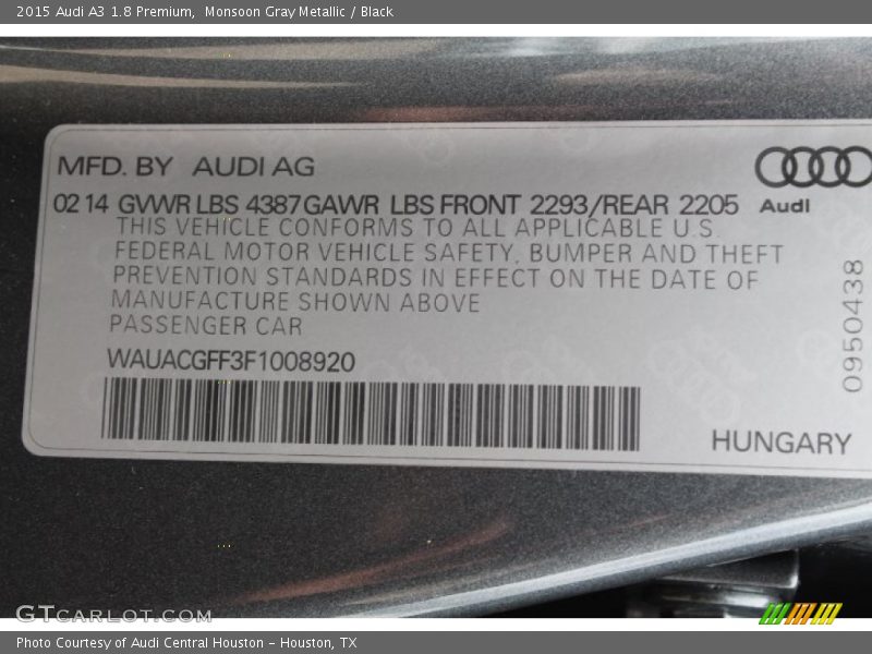 Monsoon Gray Metallic / Black 2015 Audi A3 1.8 Premium
