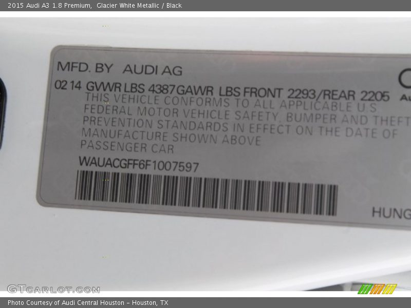 Glacier White Metallic / Black 2015 Audi A3 1.8 Premium