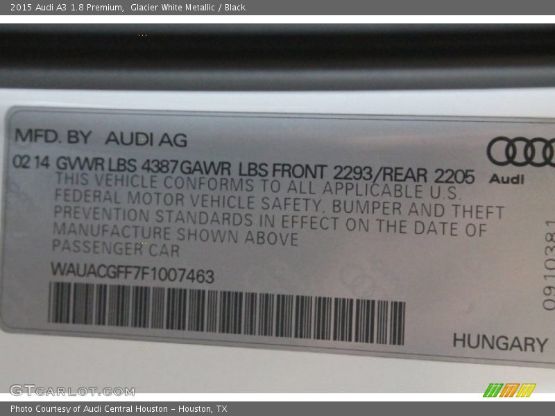 Glacier White Metallic / Black 2015 Audi A3 1.8 Premium
