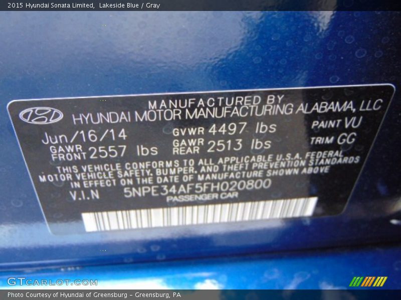 Lakeside Blue / Gray 2015 Hyundai Sonata Limited