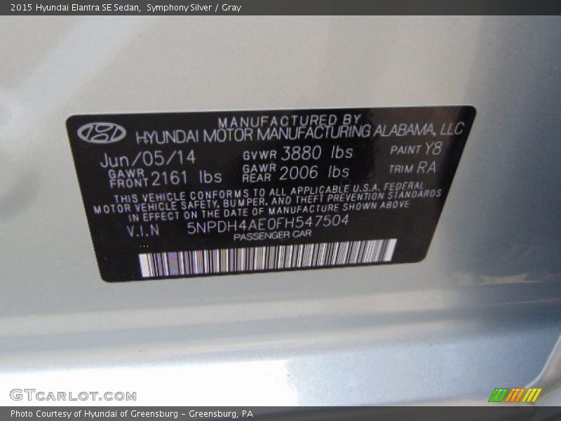 Symphony Silver / Gray 2015 Hyundai Elantra SE Sedan