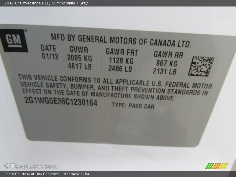 Summit White / Gray 2012 Chevrolet Impala LT