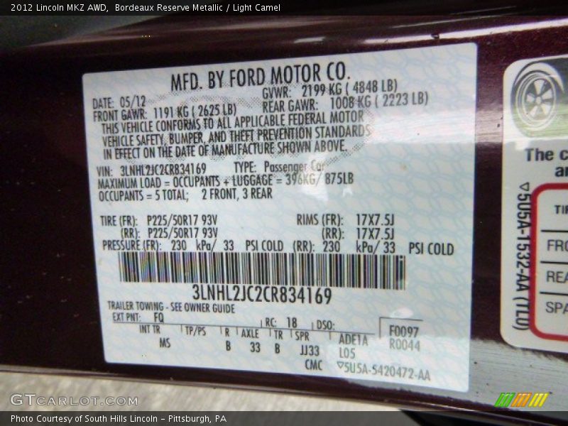 Bordeaux Reserve Metallic / Light Camel 2012 Lincoln MKZ AWD