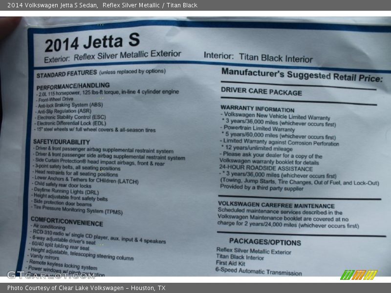  2014 Jetta S Sedan Window Sticker