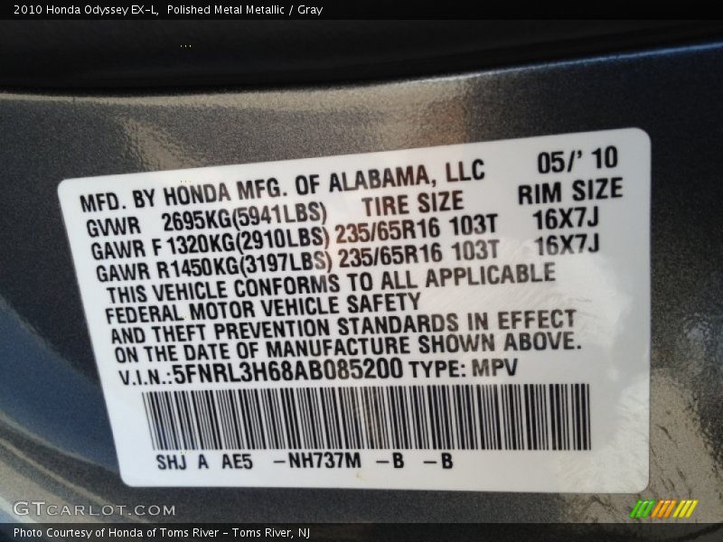 Polished Metal Metallic / Gray 2010 Honda Odyssey EX-L