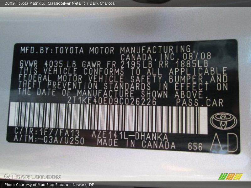 Classic Silver Metallic / Dark Charcoal 2009 Toyota Matrix S