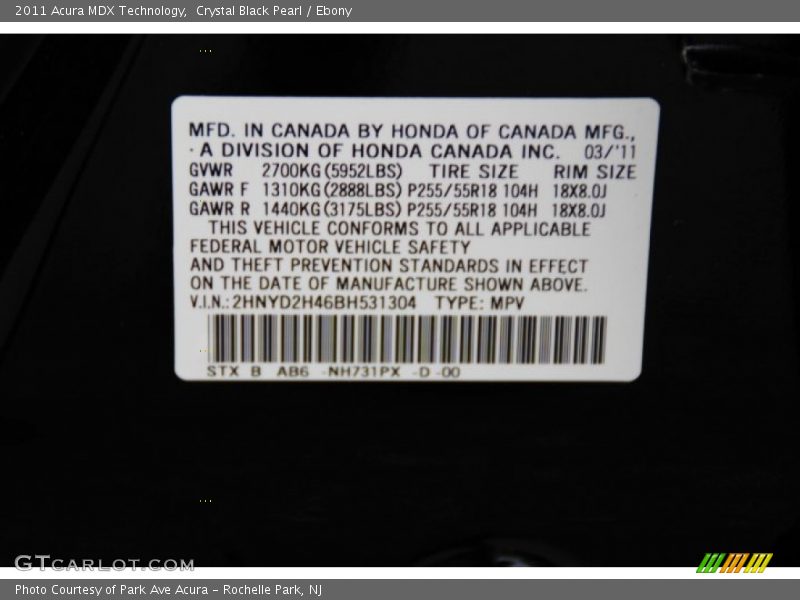 Crystal Black Pearl / Ebony 2011 Acura MDX Technology