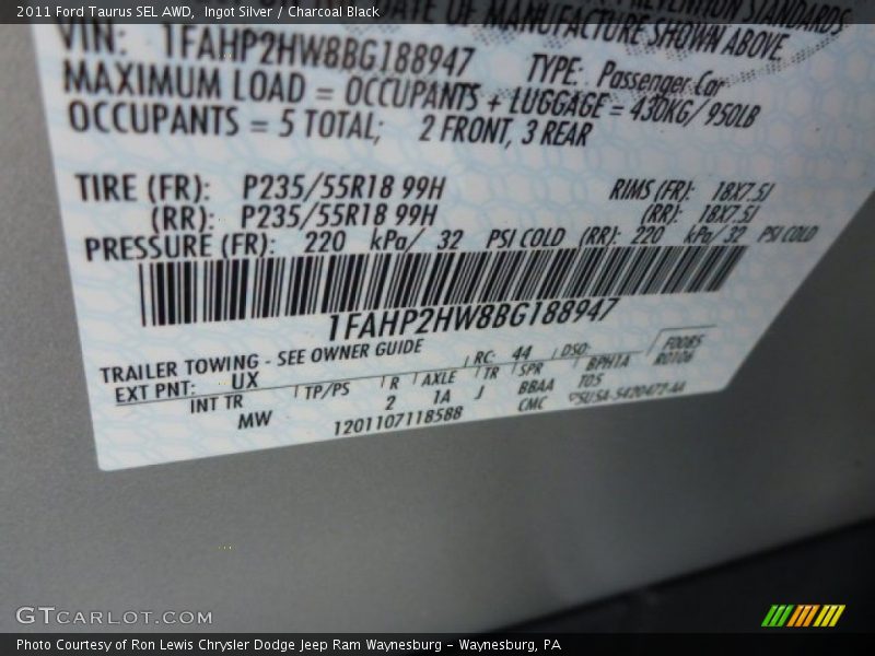 Ingot Silver / Charcoal Black 2011 Ford Taurus SEL AWD