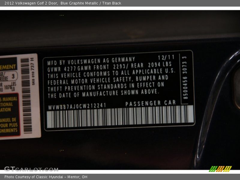 Blue Graphite Metallic / Titan Black 2012 Volkswagen Golf 2 Door