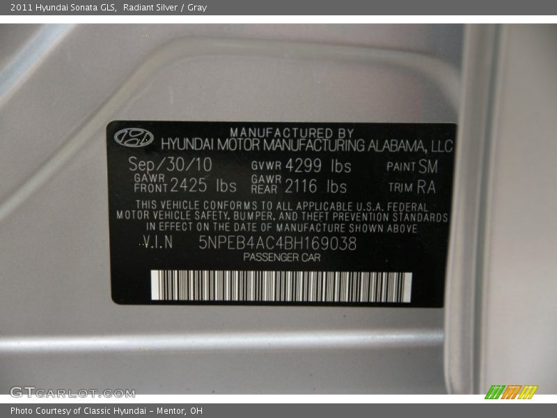 Radiant Silver / Gray 2011 Hyundai Sonata GLS